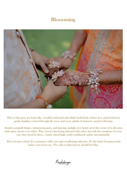 A beautifully designed frame focusing on the floral hand jewelry of the bride, with text that poetically describes the joy of a Haldi celebration.
