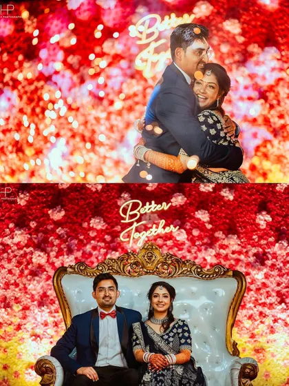 A collage capturing both a formal portrait and a spontaneous, joyful hug at their engagement celebration.
