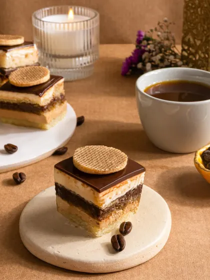 An elegant mini coffee pastry, layered perfectly and styled with coffee beans for a sophisticated dessert shot.