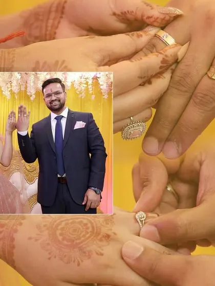 A collage detailing the ring exchange moment during an engagement ceremony.