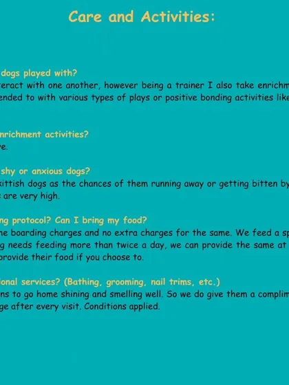 Frequently asked questions about care and activities. I cover enrichment, feeding protocols, handling of anxious dogs, and complimentary services like bathing and grooming.