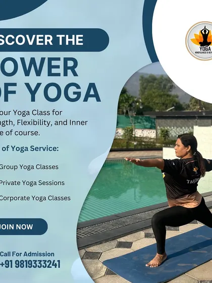 This poster outlines the different types of yoga services I offer, including group classes, private sessions, and corporate yoga, all aimed at enhancing strength and flexibility.