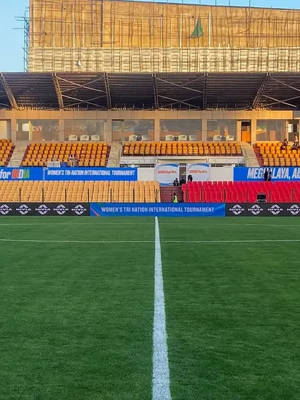 A view from the halfway line showing the extensive perimeter and stand branding we implemented for the Women's Tri-Nation tournament.