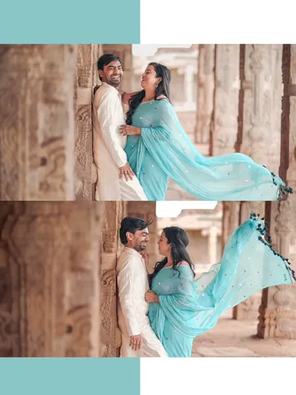 The bride's flowing saree creates a beautiful sense of movement in this dynamic shot, taken within the stone corridors of a heritage site.