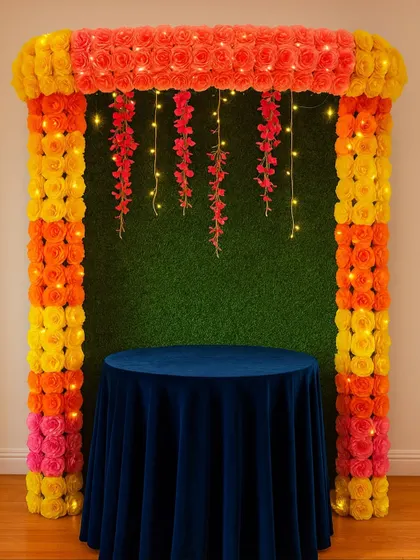 This vibrant, multi-color floral arch is a cheerful and bright option for your Ganpati or Navratri decor, complete with sparkling lights.