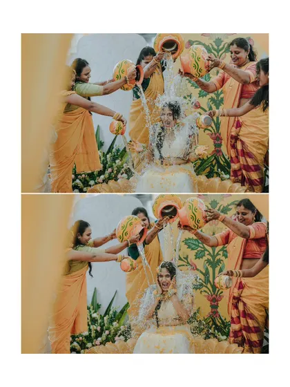 A duplicate of the diptych showing the women pouring water on the bride, a moment of shared joy and tradition.
