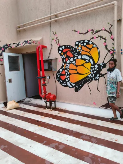Another shot of the finished butterfly mural, showing how it transforms the functional space around it.