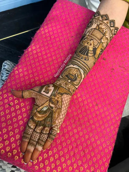A recent bridal piece combining a groom portrait with a doli scene. The use of negative space makes the figures stand out beautifully.