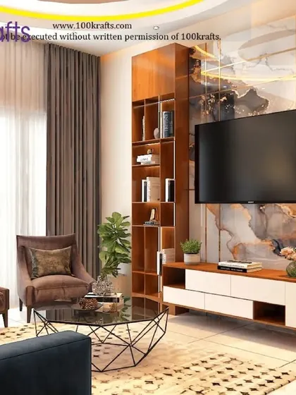 A beautiful TV unit from the 'Modern Traditional Glam' project. The design combines a marble-patterned backdrop with a rich wooden bookshelf, blending luxury with functionality.