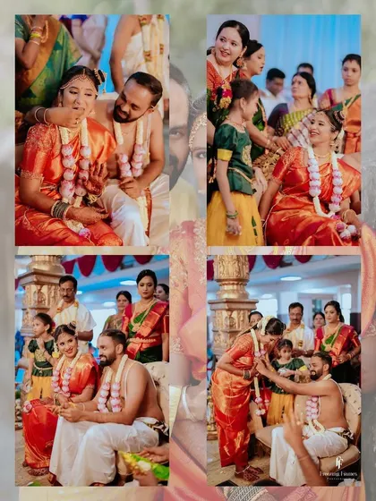 A four-panel collage from a traditional Iyer wedding, showing the couple participating in various rituals surrounded by family.