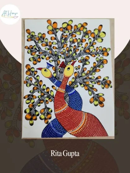 Rita Gupta's lovely Gond art piece, featuring two birds in a tree. The fine detailing in the birds' bodies is a classic element of the Gond style.