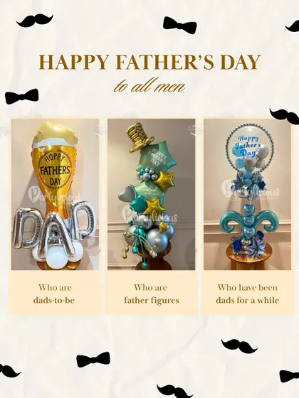 A collage showcasing my Father's Day balloon bouquet collection. I create designs for all the father figures in your life, from dads-to-be to those who have been dads for a while, each with a unique and celebratory theme.