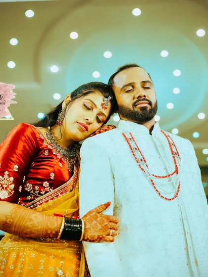A serene portrait of the couple. The bride's soft glam makeup looks beautiful in this artistic shot, highlighting a flawless complexion.