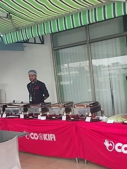 An outdoor terrace buffet setup for a corporate lunch at Thorogood Associates. We are flexible and can set up our catering services both indoors and outdoors.