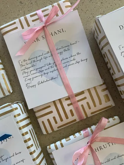 The personal touch is what matters most. These Rakhi gifts are wrapped with custom notes for each sister, featuring a heartfelt message to make them feel truly special.