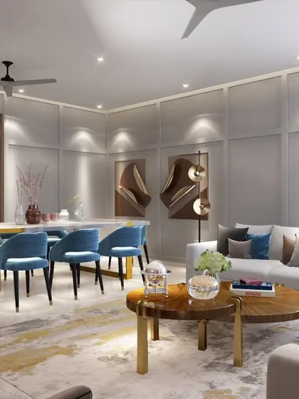 Another view of the living and dining space, showing how we use color and texture to create a warm and inviting family area. The blue dining chairs add a pop of color to the neutral room.