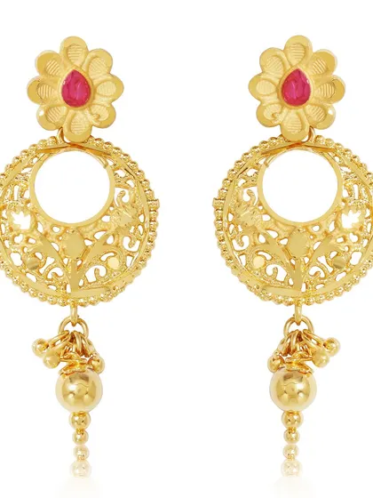 A pair of traditional gold earrings with intricate filigree work, shot on white to emphasize the detailed craftsmanship.