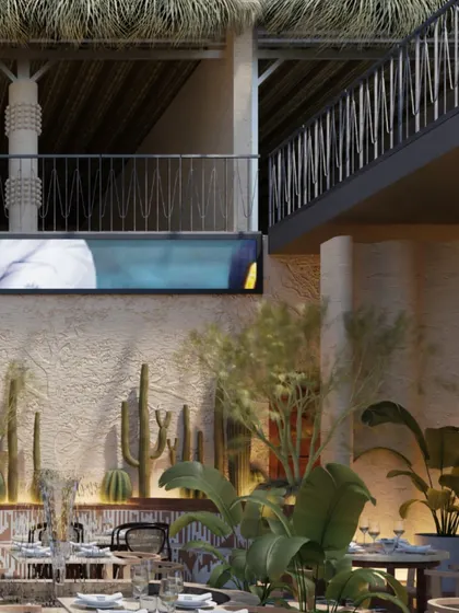 The multi-level design of Skyro is evident here, with a thatched roof element and lush planters creating a tropical, jungle-like atmosphere. The space feels open and layered, with different zones to explore.