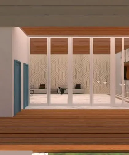 A proposed design for a large entertainment space in Gorakhpur. The render shows a waiting lounge with marble flooring and textured walls, leading to the outdoor area.