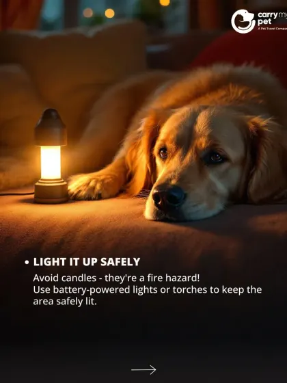 In a power outage, avoid using candles as they are a fire hazard. Use battery-powered lights or torches to keep the area safely lit for you and your pet.