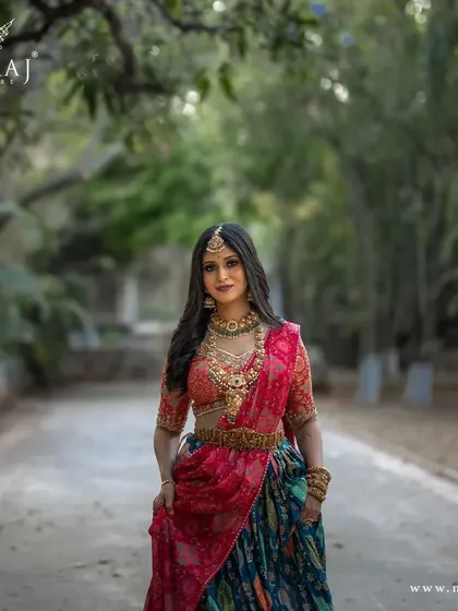 A full view of the multi-colored banarasi lehenga, a perfect example of tradition meeting contemporary elegance.