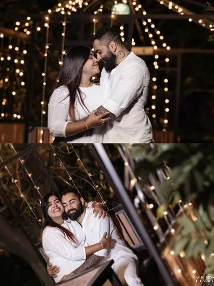 More from Bhavinn and Dalia's enchanting night shoot. The warm glow of the lights adds a dreamy quality to these candid and posed moments.