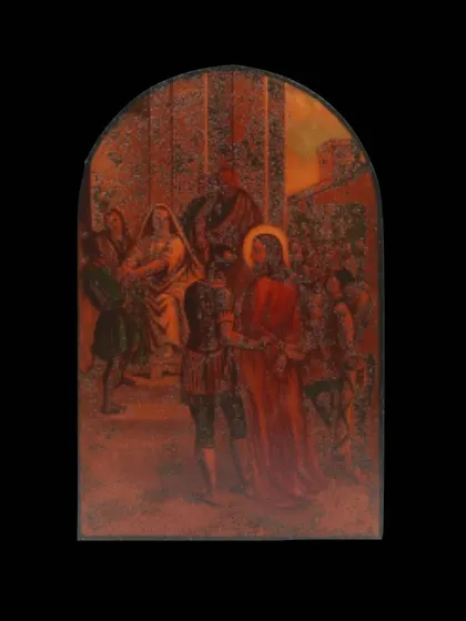 A depiction of Jesus before Pontius Pilate, part of the rare 1850 set of eight oil paintings. Sourcing such historically significant religious art is a key part of my advisory service for specialized collectors.