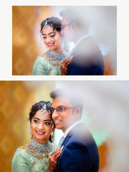 A collage of dreamy, romantic portraits of the couple at their reception. We use foreground elements to create a sense of intimacy and depth.