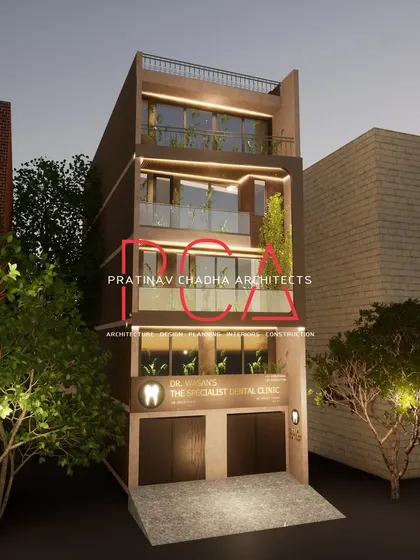 A 3D render of the Mukherjee Nagar residence from a slight angle, highlighting the depth and complexity of the facade's geometric design.