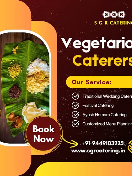 Our vegetarian catering services include traditional wedding catering, festival catering, and customized menu planning. This image of a banana leaf meal highlights our expertise in traditional feasts.