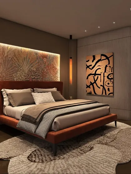 This guest suite at Palais Royale offers hotel-grade comfort for visiting family and VIP guests. The design uses a warm, earthy palette with a custom-printed headboard and abstract art to create a space that is both welcoming and sophisticated.