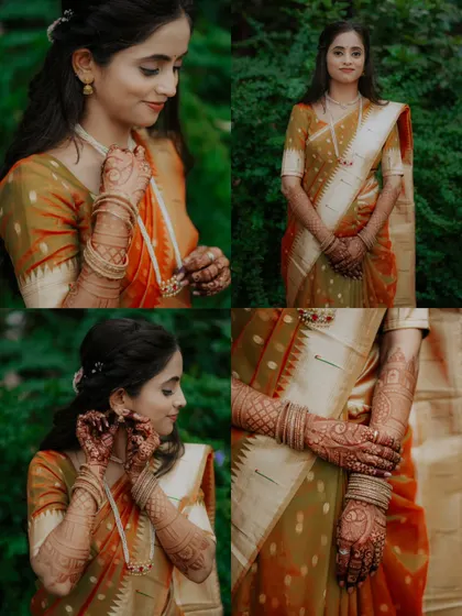 A collage celebrating the bride-to-be. These portraits of Janhavi showcase her beautiful traditional attire, intricate henna, and elegant jewelry before her big day.