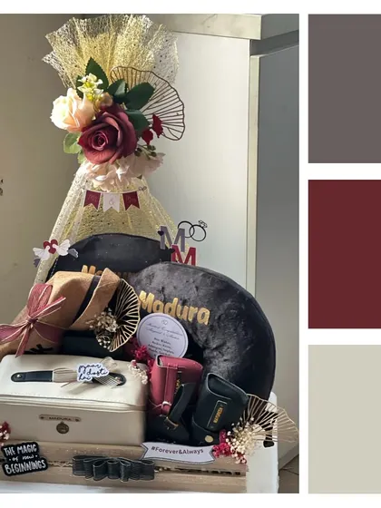 A rich and romantic color palette for this bestseller wedding hamper. The combination of deep red, charcoal, and cream creates a luxurious feel, perfect for celebrating a new marriage.