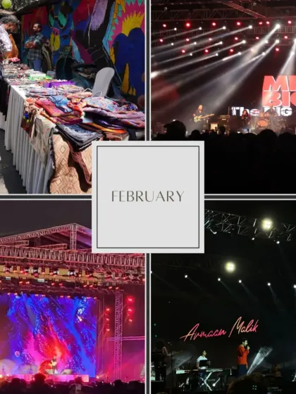 A glimpse into February, showcasing the Armaan Malik and Mr. Big concerts alongside a bustling flea market setup.