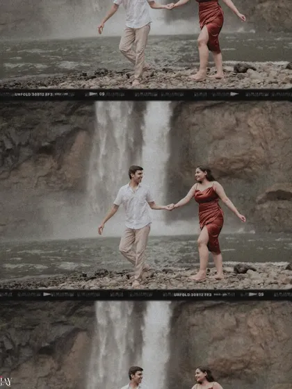A collage showing a couple's journey to a beautiful waterfall, symbolizing their adventurous love.