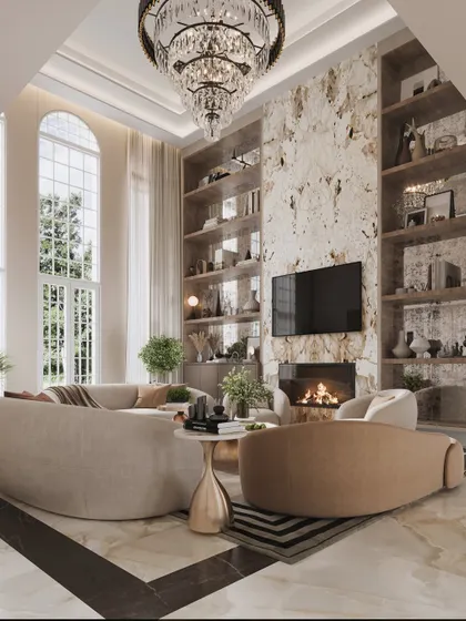 For this formal living room in a London residence, the objective was to visualize a space that felt both grand and intimate. I meticulously simulated the way natural light from the arched, double-height windows would interact with the rich texture of the full-height marble feature wall. The rendering highlights the soft curvature of the bespoke sofas and the warm glow of the fireplace, demonstrating how visualization can prove a design's balance and comfort.