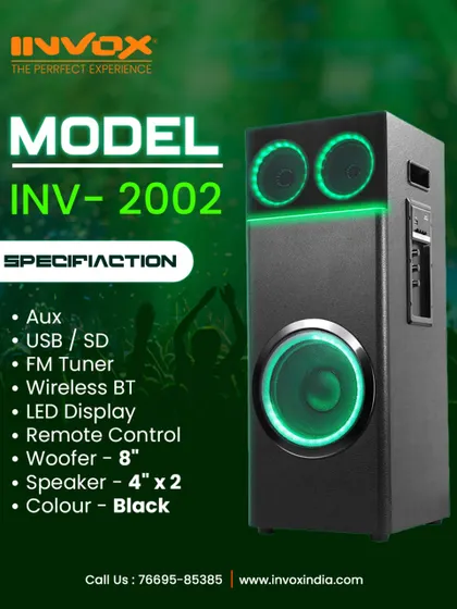 This is my INV-2002 model, a great all-around tower speaker. It features an 8-inch woofer, dual 4-inch speakers, and full connectivity including wireless Bluetooth.