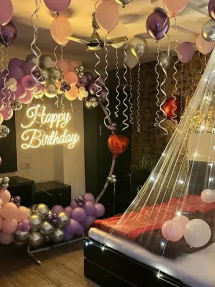 Another angle of the purple and pink romantic birthday room.