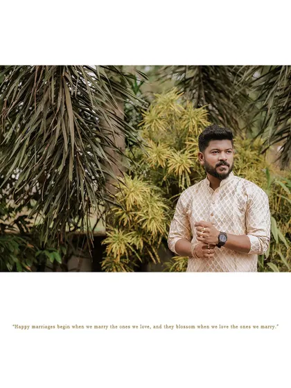 A handsome portrait of the groom, with a quote about happy marriages.