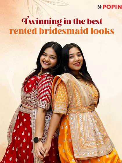 Twinning in the best rented bridesmaid looks. This graphic celebrates friendship and coordinated style.