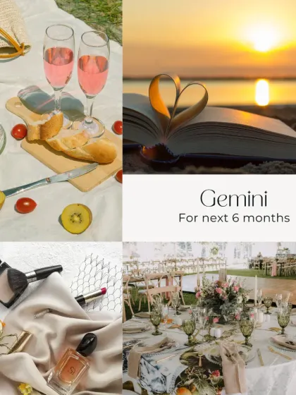 A visual forecast for Gemini for the next six months. The energy points towards romantic dates, celebrations, a focus on beauty, and a deeper connection with literature and love.