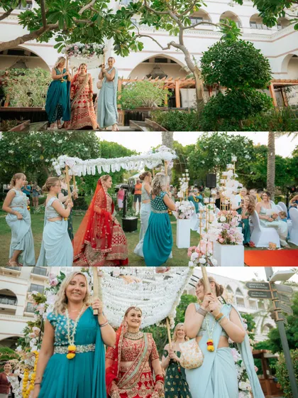 A collage of the bride's beautiful entrance under a 'phoolon ki chadar' held by her bridesmaids.