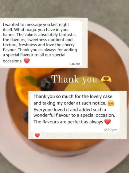 Wonderful feedback for my signature Mocha Orange and Cherry Chocolate flavours. It's amazing to hear my cakes add a special touch to your occasions.