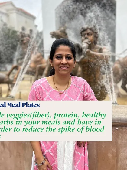 A key tip for stable blood sugar is to eat balanced meal plates. Include veggies for fiber, a source of protein, healthy fats, and carbs, and eat them in that order to reduce the spike in blood sugars.