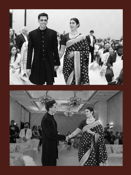 A black and white collage from a chic and elegant wedding reception. The couple's classic style and the timeless quality of the photos give it a sophisticated, fine-art feel.