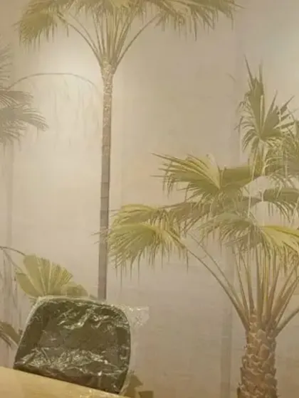 This misty palm tree mural creates a subtle and sophisticated tropical vibe. The muted color palette and hazy effect add depth and tranquility, making it a great choice for a calm and stylish interior.