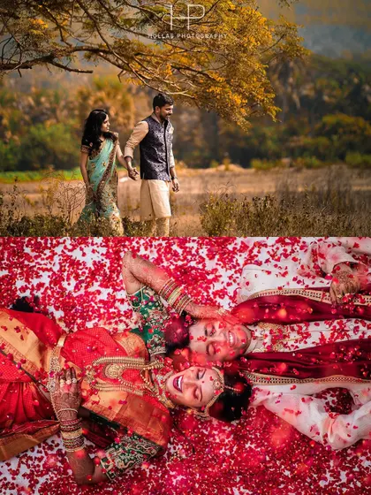 A creative collage pairing a serene walk in a field with a joyful, fun shot of the couple lying in a bed of red rose petals. This shows the range from calm romance to vibrant celebration.