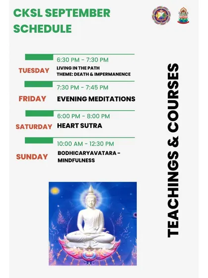 This is a snapshot of our weekly schedule, showing advanced courses like "Heart Sutra" and "Bodhicaryavatara" running concurrently. We offer a rich curriculum for dedicated students.