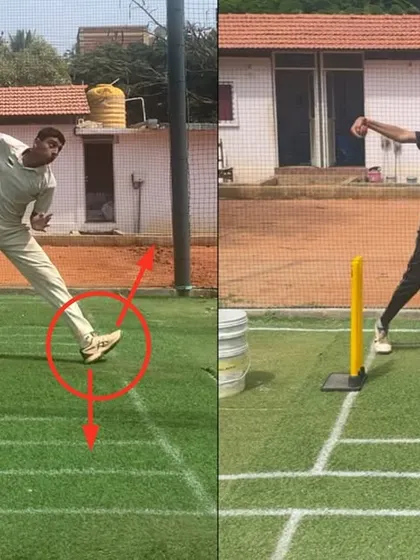 Correcting the foot alignment was key for this leg spinner. The 'after' image shows a much more stable and aligned front foot, which prevents the body from collapsing and losing power.