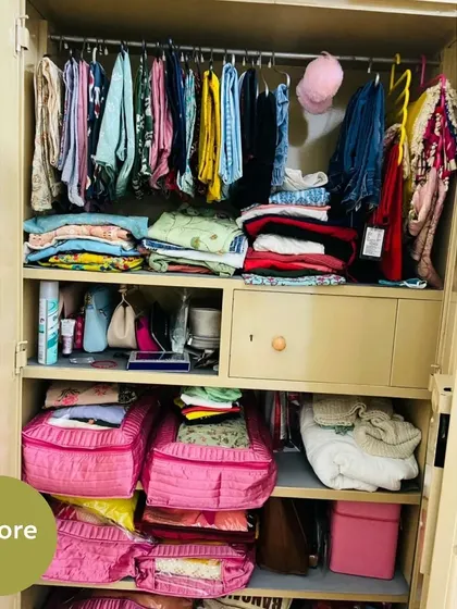 Before we started, this wardrobe was a mix of hanging clothes, items stuffed onto shelves, and bags taking up valuable space.